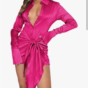 Women's Stain Deep V Neck Button Down Tie Front Long Sleeve Mini Short Dress